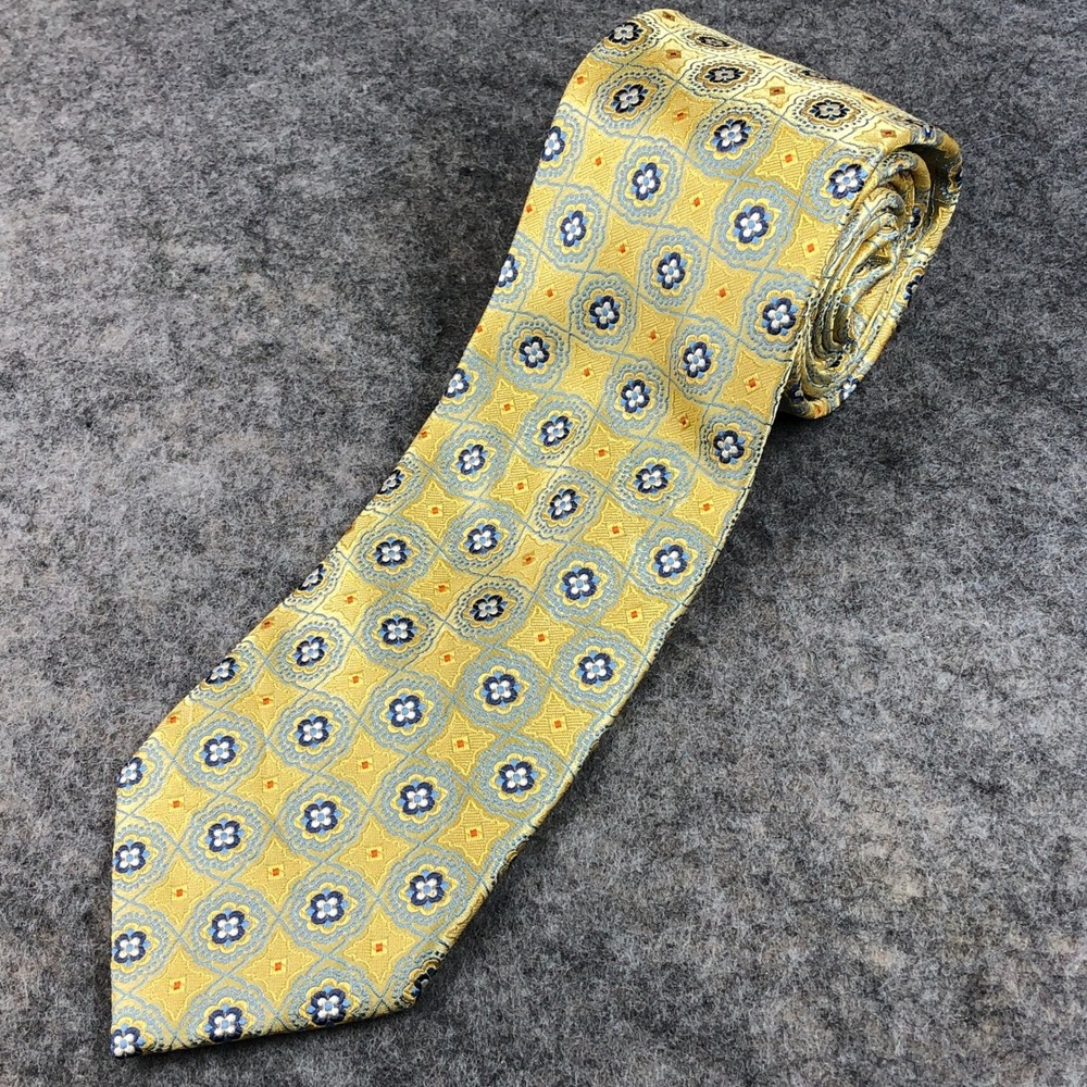 Eagle Shirtmakers Silk Tie Mens Yellow Blue Floral Pattern Width 3-1/2" L 58"